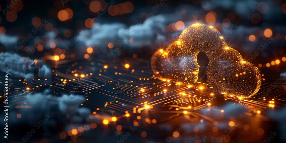 Wall mural key in the cloud with circuit board background. digital security and data protection concept.
