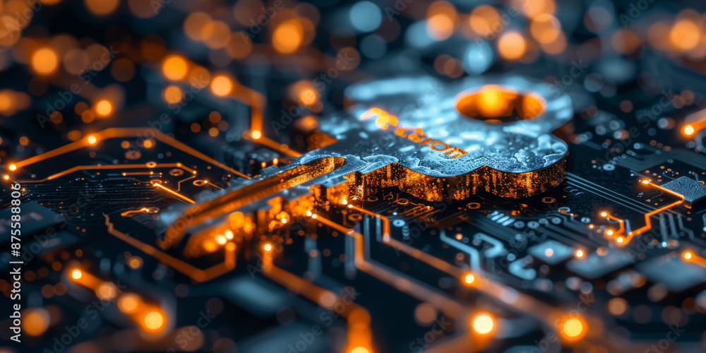 Wall mural key in the cloud with circuit board background. digital security and data protection concept.