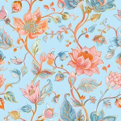 Detailed Flower and Leaf Grid Pattern in Shades of Blue and Gold