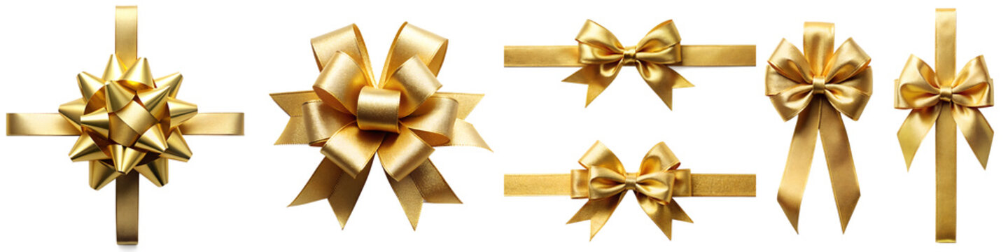 Gold ribbon and bow top view on transparent background PNG file