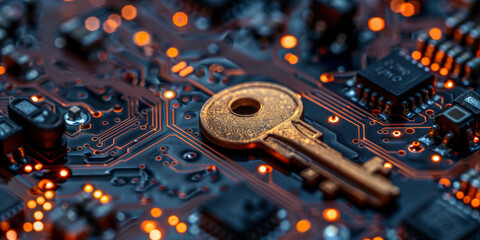 Fototapeta premium Key symbol on the electronic circuit. Cyber security concept. 
