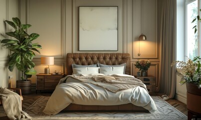 Serene bedroom with a blank canvas on the nightstand
