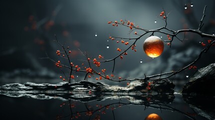 a lantern hanging from a tree branch in the dark
