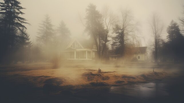 a house in the middle of a foggy field