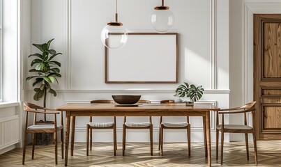 Bright dining room with an empty frame on the sideboard