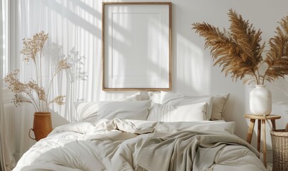 Bright bedroom with an empty frame on the nightstand