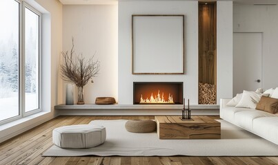 Minimalist living room with an empty frame above the fireplace