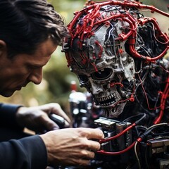 Obraz premium a man working on a robot with wires attached to it