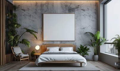 Minimalist bedroom with a mockup canvas on the wall