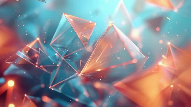Abstract geometric shapes, possibly pyramids, float in a vibrant background with blue and orange hues. The arrangement creates a dynamic, futuristic feel with glowing edges and subtle light effects.