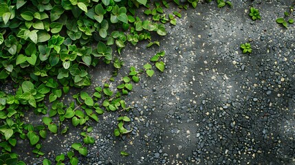 Grass, plants leafs and gravel concrete background. Decorative exterior concept for floor or wall pattern of gravel sandstone concrete texture with green grass and plant leafs abstract background. 