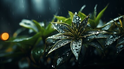 a plant with water drops on it in the rain