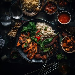 a plate of food with rice meat and vegetables on a wooden table