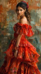 Spanish woman with flamenco dress, looking vibrant