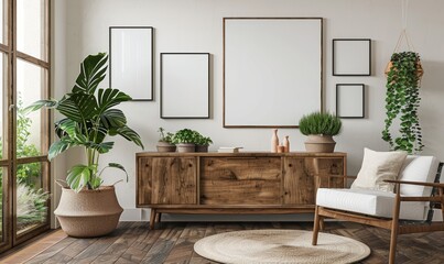 Cozy dining room with a blank frame on the sideboard