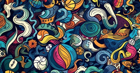 Seamless texture of cartoon doodle sports theme with lively atmosphere