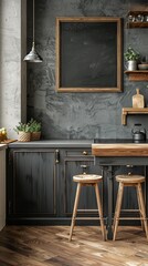 Serene kitchen with an empty chalkboard on the wall