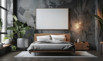 Elegant bedroom with a blank canvas above the bed