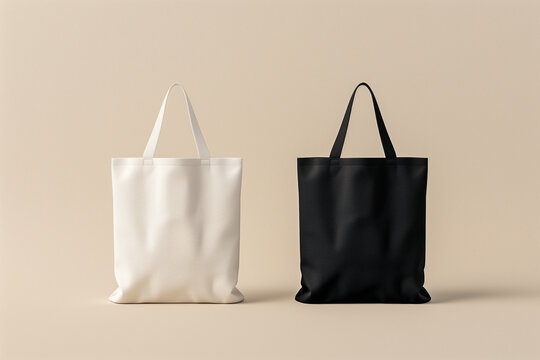 Mockup of two plain tote bags, one in black and the other in white, standing upright against a neutral background