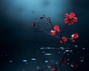 a single red flower in the water with drops of water