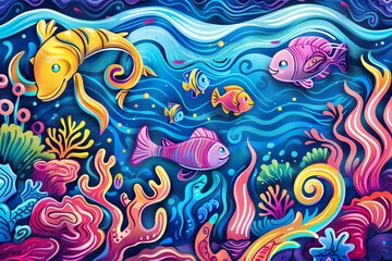 Cute sea creatures and playful fish in cartoon doodle underwater background