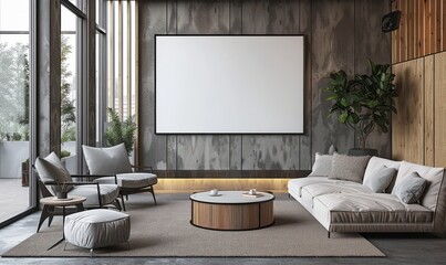 Serene office with a blank screen on the wall
