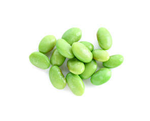 Raw green edamame soybeans isolated on white, top view
