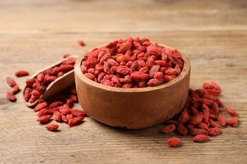 Dried goji berries, bowl and scoop on wooden table, closeup