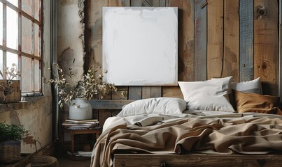 Rustic bedroom with a blank canvas on the nightstand