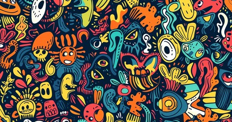 Whimsical vector doodle background with colorful patterns and shapes