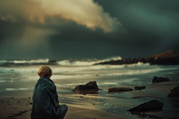 Fototapeta premium Mental Health, compassion, medium format camera, tilt-shift lens, stormy weather, environmental portraits, medium format film, empathy, dramatic storm lighting