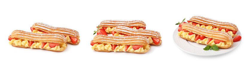 Different tasty eclairs with cream isolated on white, set