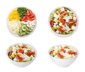 Different salads isolated on white, top and side views