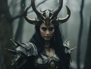 Naklejka premium a woman dressed in armor in the woods