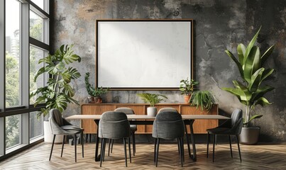 Modern dining room with an empty frame on the sideboard