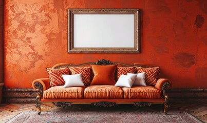 Retro living room with an empty frame above the couch