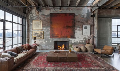 Industrial living room with a blank canvas on the mantel