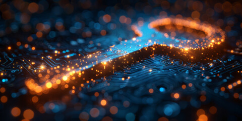 Key in blue technology background. Digital security and data protection concept.  