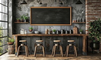 Stylish kitchen with a blank chalkboard on the wall