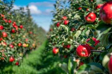 Obraz premium Vibrant apple orchard with ripe red apples on trees ready for harvest under clear blue sky
