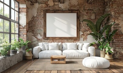 Rustic living room with a blank frame on the wall