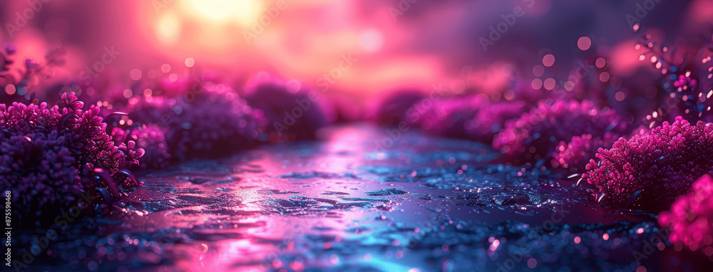Poster purple and pink gradient abstract background with glowing shapes and product display podiums