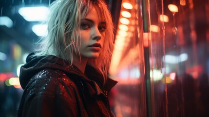 a woman in a black jacket standing in the rain