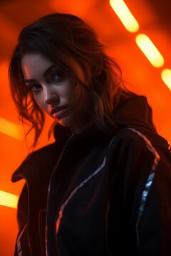 a woman in a black jacket standing in front of neon lights