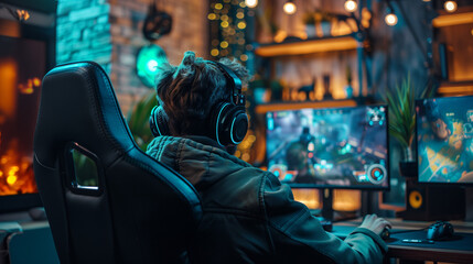 Obraz premium gamer boy play videogames gaming on two screen