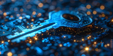 Key in blue technology background. Digital security and data protection concept.  