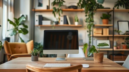 Minimalist wooden computer desk in living room.