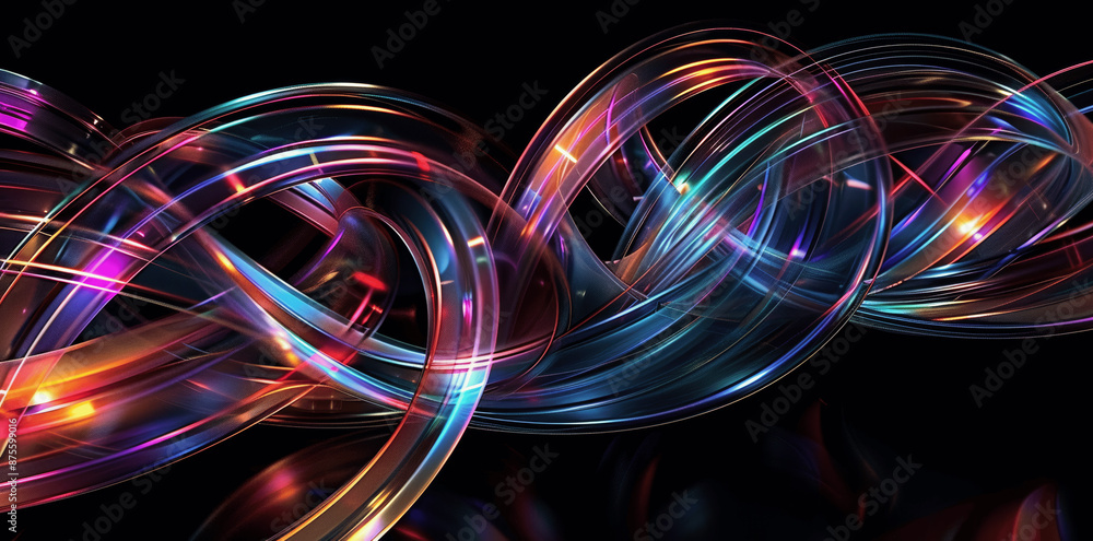 Poster 3d render of abstract iridescent spiral lines and curves on black background