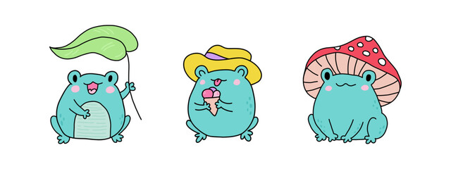 Cute cartoon frogs. Kawaii froggie pack. Baby animals bundle for childish stickers and prints. Cartoon summer magic characters for kids. Flat illustration on a white background