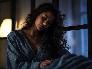 Fototapeta premium a woman in a blue robe sitting on a bed at night